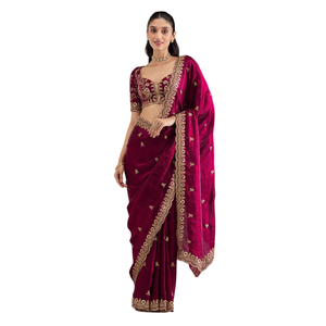 Sari de Seda Satinada Fandy | Trabajo de Bordado con Lentejuelas y Dori Zari | Sari de Diseñador para Bodas y Fiestas | Sari Étnico Tradicional Indio - Product Image 1