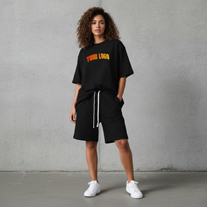 OEM/ODM 100% Cotton Women's Short <b>Set</b> Custom Silk Screen Printed Logo oversized Drop Shoulder comfortable ladies 2 piece <b>set</b> - Product Image 1