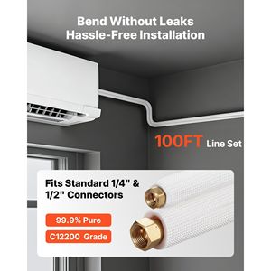 Kit de conduites pour mini-split de 100 pieds, tube de cuivre pour climatisation de 1/2 po DE, bobine isolée épaissie en PE blanc de 3/8 po, écrous évasés, bandes de fixation, modèle - Product Image 2