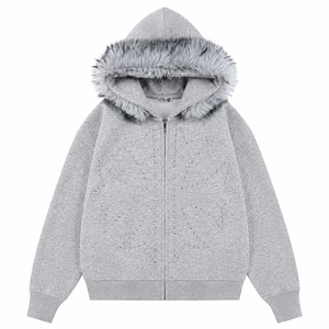 Sweat-shirt unisexe à capuche zippé avec design en strass, capuche en fausse fourrure, coupe oversize, vêtements décontractés d'hiver, sweats à capuche en gros - Product Image 4