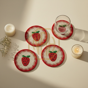 Handcrafted Eco-Friendly Modern Beaded Tomato Tea Coaster 100mm Diameter Orange Green Decorative Table Accessory for Fresh Touch - Product Image 2