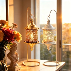 Artisan White Moroccan <b>Lantern</b> Hanging <b>Tealight</b> Holder with Elegant Metal Stand for Stylish Home Accent Display - Product Image 2