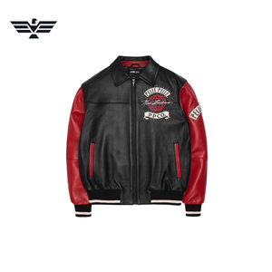 Veste en cuir pour homme Pelle, style varsity streetwear, noir et rouge, patchwork, design brodé, fermeture éclair, col montant, dégradé de couleurs - Product Image 1