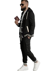 New Men's Casual Sporty Hooded Baseball Jacket Cardigan Long-Sleeve Quick Dry Striped Work Pocket Long Pants Set 100% Cotton - Product Image 2