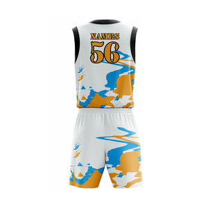 Conjunto de Uniforme de Baloncesto Sublimado Personalizado, Cuello en V, Sin Mangas, Absorbente de Humedad, Jersey y Pantalones Cortos Unisex para Equipo, Blanco, Azul y Dorado - Product Image 4