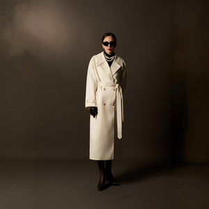 Manteau d'hiver pour femme - Double boutonnage, col en V à revers, taffetas de coton et de soie épais, manteau long blanc ivoire - Product Image 1