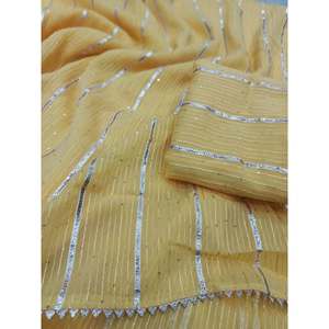 Atractivo Sari de Georgette con Estampado Digital y Trabajo de Crochet, y Blusa Sin Coser en Amarillo - Product Image 1