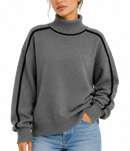 Sudadera de cuello alto grueso para mujer, estilo oversize, con mangas raglán, ribete negro y dobladillo acanalado, jersey de punto, fabricante OEM - Product Image 1