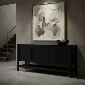 Buffet en bois tressé naturel à 4 portes avec étagère en rotin, meuble de rangement moderne en bois et tissu tressé, pieds ronds - Product Image 3