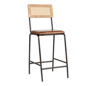 เก้าอี้บาร์หนังและหวาย Iswa พร้อมเบาะหนังพรีเมียมและพนักพิงหวายธรรมชาติ สำหรับเคาน์เตอร์บาร์ คาเฟ่ ร้านอาหาร โรงแรม และเลานจ์ - Product Image 1