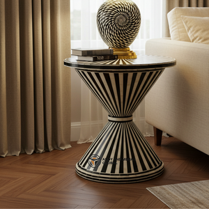 โต๊ะข้างเตียงทรงกลมลายก้างปลาสีดำทันสมัย ตกแต่งด้วยกระดูกฝังลายสวยงาม เป็นมิตรกับสิ่งแวดล้อม พร้อมลิ้นชัก 2 ช่อง เหมาะสำหรับห้องนอน - Product Image 4