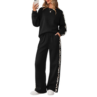 Ensemble de survêtement pour femmes à imprimé léopard, 2 pièces, pantalon large noir, tenue décontractée, tricot en coton et élasthanne, col rond, manches longues