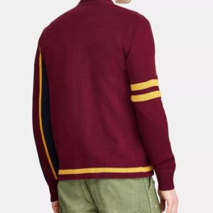Custom Vintage Style Men's Maroon Striped Knit <b>Cardigan</b> <b>Sweater</b> V-Neck Button Down Long Sleeve College Varsity Casual Outerwear - Product Image 2