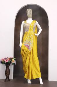 Sari de Seda Crepé Premium Amarillo Bordado con Diseño de Pallu Estampado para Bodas y Fiestas Indias, Ropa Étnica Femenina - Product Image 6