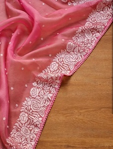 Sari en organza brodé vintage avec bordure florale, léger et transparent, de créateur, pour fêtes et mariages, tenue ethnique - Product Image 5
