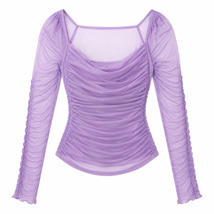 <b>Women's</b> Solid Gothic Ruched Knitted Chiffon Tank <b>Top</b> <b>Square</b> <b>Neck</b> Long Sleeve Sheer Statement Party Shirt Lightweight 120g OEM - Product Image 3