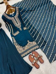 Nouvelle tenue de mariage pour femmes, robe Sharara en soie avec broderies et perles lourdes - Product Image 1