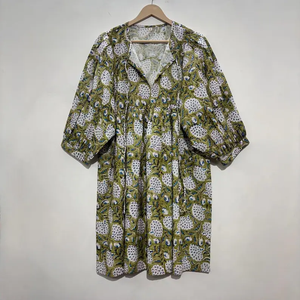 Vestido Casual Midi para Mujer, Tejido 100% Algodón, Estampado Floral Liso, Manga Corta, Cintura Imperio, Estilo Babydoll, Cuello en V, Talla Grande, para Uso Diario - Product Image 1