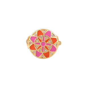 Women Gold Plated Adjustable Finger <b>Ring</b> with Pink Orange Enamel Flower Pattern and <b>Crystal</b> Stone Studded Fashion Jewelry Gift - Product Image 2