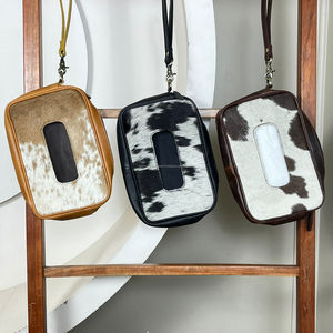 Luxury OEM ODM Handcrafted Genuine Hair On Cowhide Leather Tissue Box Wet <b>Wipe</b> Dispenser Cover With Wristlet For Home Car Office - Product Image 4