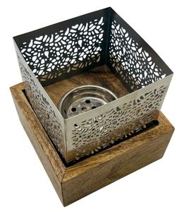 Modern Square Laser Cut Metal Incense Burner with <b>Wooden</b> <b>Block</b> Base Cutout Wire Design Arabic Bakhoor Holder Home Fragrance - Product Image 3