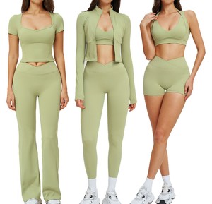 Green 2-Piece Yoga Set With <b>Crop</b> <b>Top</b> High Waist Leggings Seamless Breathable Design 2026 Latest Design - Product Image 1
