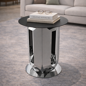 Mesa de Centro Moderna de Lujo con Base de Acero Inoxidable con Acabado de Espejo y Tapa Redonda de Metal Negro Resistente, Muebles para Sala de Estar - Product Image 4