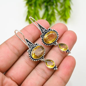 Stylish Sterling <b>Silver</b> <b>Dangle</b> <b>Earrings</b> Fashionable Water Drop Shape Citrine Gemstone Multi-Color Fish Hook Bezel Drop <b>Earrings</b> - Product Image 1
