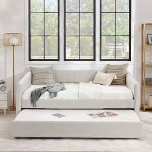 Divano letto matrimoniale in tessuto di lino beige con letto estraibile e strisce verticali imbottite (82,5"x58"x30") - Product Image 5