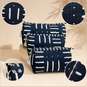 Wholesale Quilted Cotton Cosmetic Bag Set Block Print Travel <b>Makeup</b> Pouch Navy Blue Indigo Toiletry Organizer With Tassels - Product Image 3