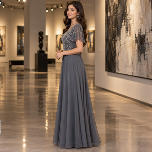 Gray Beaded A-Line <b>Evening</b> <b>Dress</b> | V-Neck Flutter Sleeve Floor Length Formal Gown with Embellished Bodice <b>for</b> <b>Wedding</b> Guest Wear - Product Image 2