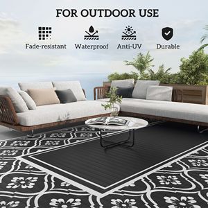 Tapis d'extérieur réversible 9FT X 18FT en paille plastique imperméable avec sac de transport, bordure gourde noir et blanc - Product Image 6