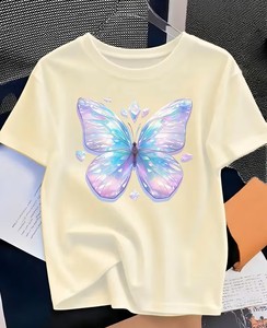 Girls Butterfly Print Breathable 100% Cotton Short Sleeve Crew Neck T-Shirt 180g Casual Summer Wear - Product Image 1