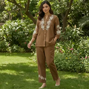 Women's Brown Embroidered Cotton <b>Linen</b> Co Ord <b>Set</b> Mandarin Collar Three Quarter Sleeve Straight Pants Regular Fit Elegant Outfit - Product Image 4