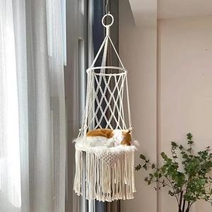 Modern Boho Style Macrame <b>Hammock</b> Handwoven Comfortable Indoor Cat & Rabbit Bed Cave Home Decor Wall Bed Sleeping Playing Kit - Product Image 1