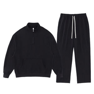 ชุดวอร์มแบบ unisex เสื้อฮู้ดซิปครึ่งตัวพร้อมกางเกงรูดเชือก สีพื้น ผ้าฝ้าย 100% สวมใส่สบายๆ ในฤดูใบไม้ร่วง ทรงปกติ - Product Image 4