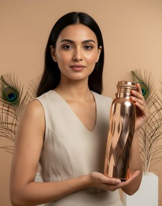 Copper Water Bottle Solid Color Screw-On Lid <b>Reusable</b> Travel <b>Mug</b> Traditional Chinese Design Single Wall Metal Unisex - Product Image 3