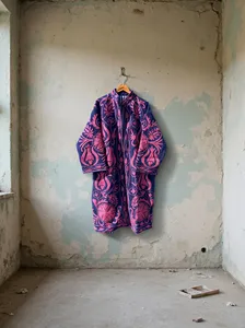 <b>Women</b> Boho <b>Velvet</b> Cotton Suzani Long <b>Jacket</b> Embroidered With Pink Floral Design Bohemian Full Sleeve Winter Outerwear - Product Image 5