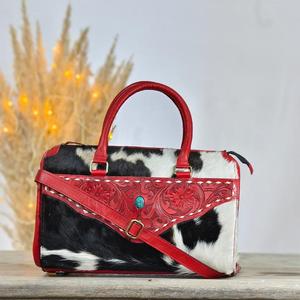 Bolsa de Viaje de Cuero con Patrón de Piel de Vaca de Lujo, con Hebilla de Concho Turquesa y Cierre de Cremallera, Bolso de Mano para Mujer - Product Image 2