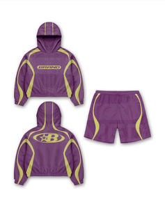 Ensemble 3 pièces respirant en coton 100% avec lignes réfléchissantes, nouveau design, coupe oversize : veste d'été unie, pantalon évasé et short coupe-vent - Product Image 1