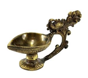 <b>Antique</b> Brass Oil <b>Lamp</b> With Ornate Handle Gold Plated Crafted By Casting For Art Collectible Display - Product Image 2