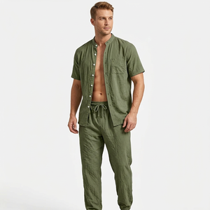 Ensemble de pyjama en satin de coton vert uni pour homme, chemise à manches courtes et pantalon long, respirant, décontracté, pour l'été, coupe ample, anti-rétrécissement, 140g - Product Image 2