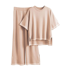 Ensemble de survêtement décontracté pour femme en coton bleu à manches courtes, col rond, coupe ample, respirant, couleur unie, pantalon long, idéal pour l'été - Product Image 4