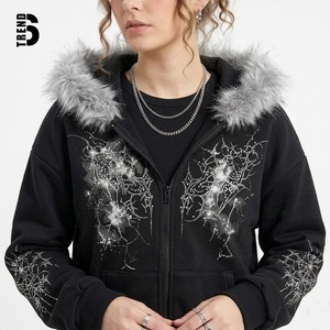 Sudadera con capucha personalizada para mujer con cremallera, estilo Y2K, gráfico de telaraña con pedrería, de peso pesado, oversize, estilo streetwear, con ribete de piel sintética - Product Image 1