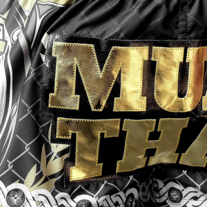 Muay Thai Fight Shorts <b>Black</b> Gold Print Polyester Quick Dry Durable All Seasons <b>Combat</b> Gear - Product Image 6