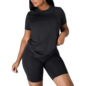 Women's 2 Piece Black Biker Shorts <b>Set</b> Casual Short Sleeve Crew Neck Solid Color <b>Knitted</b> Cotton Breathable 180g Summer Wear - Product Image 5