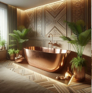 Baignoire classique en cuivre, soutenue par un cadre et des pieds minimalistes en fer forgé noir. Disponible aux prix de gros. - Product Image 2