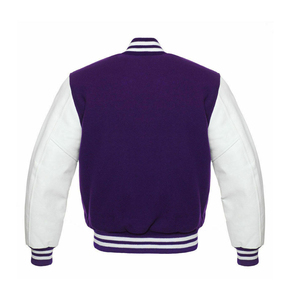 แจ็คเก็ต Letterman Varsity แบบขายส่ง สีม่วง ตัวเสื้อทำจากผ้าขนสัตว์ แขนทำจากหนังสีขาว กระดุมแบบสแนปสั่งทำพิเศษ แจ็คเก็ตทรงบอมเบอร์ - Product Image 6