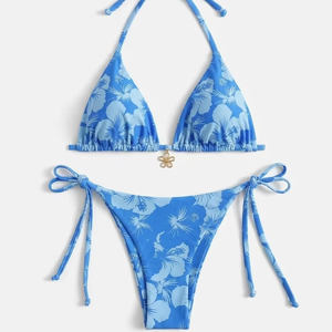 Premium 220 GSM Polyester Spandex <b>Bikini</b> <b>Set</b> Blue Floral Print Stretch Swimwear Custom Logo Women <b>Bikinis</b> <b>Set</b> - Product Image 1