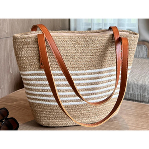 Sac à main décontracté pour femme en coton rayé 100 % avec poignées en cuir, fermeture ouverte, moderne et souple, idéal pour les vacances printemps-été - Product Image 1